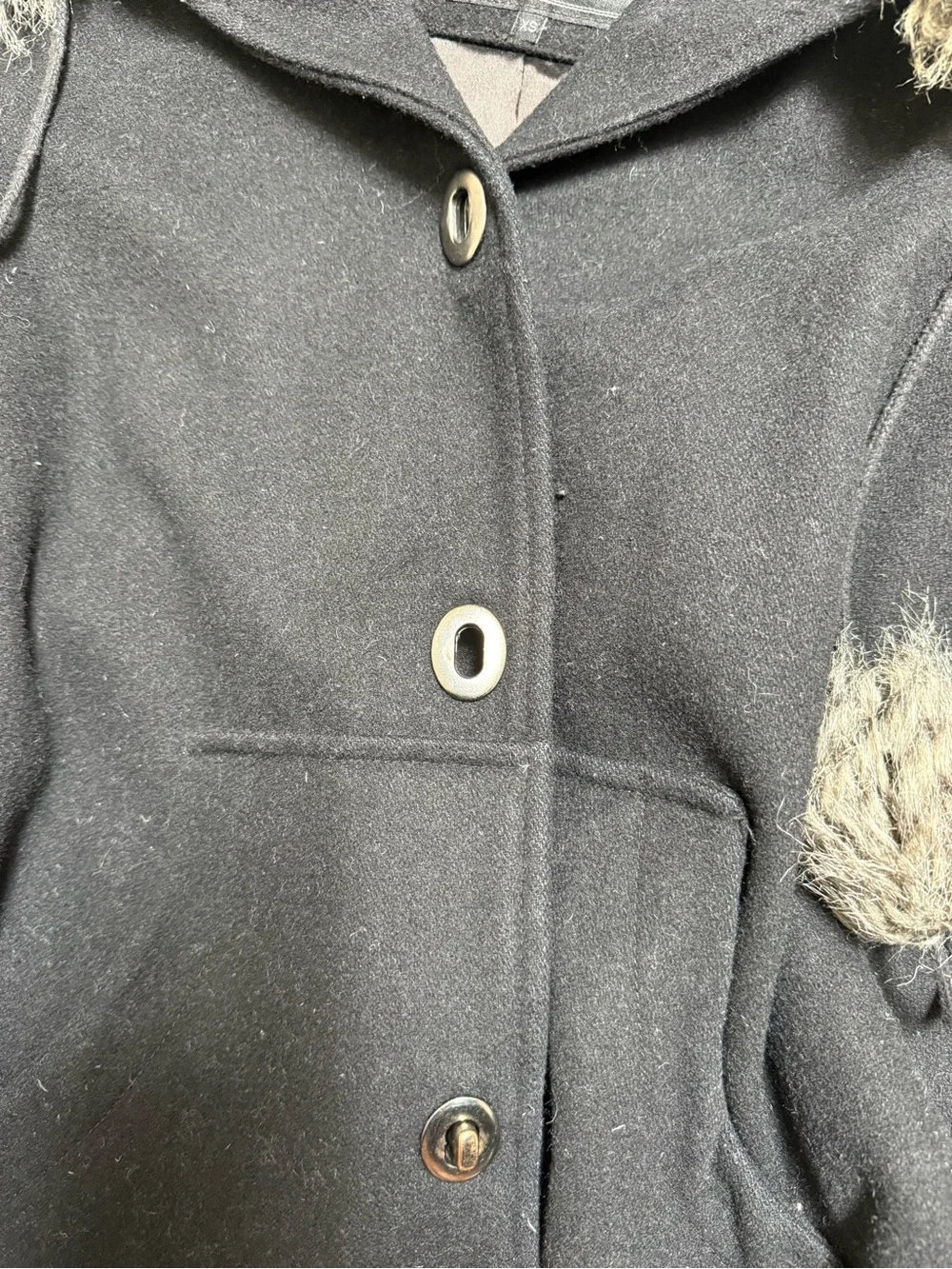 GUESS Black Wool Blend Winter Coat with Faux Fur Trim - Size XS